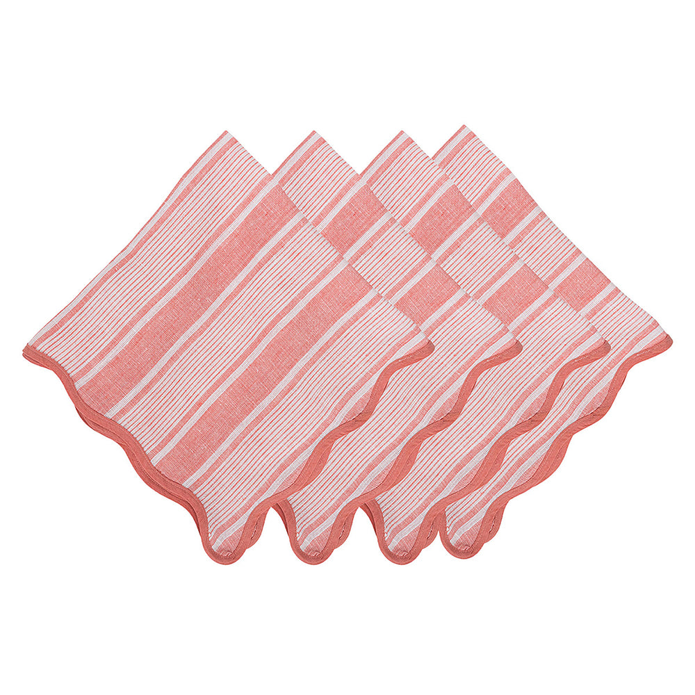 Overlapping view of Cabana Stripe Napkin, Set of 4 in Coral showcasing linen, striped pattern, and scalloped trim on white