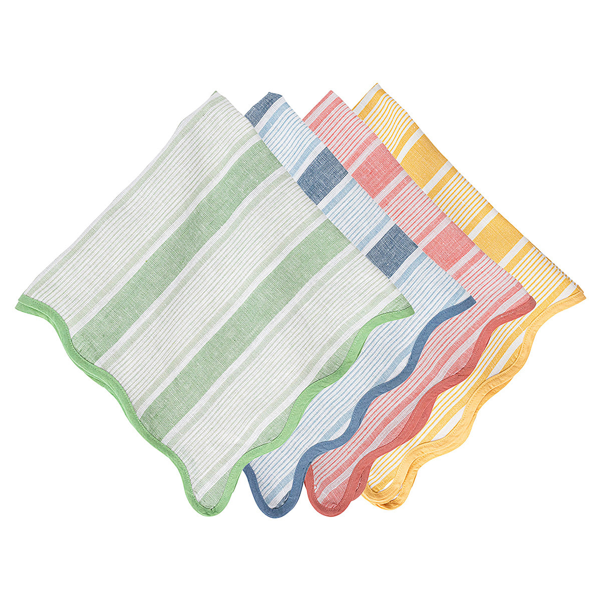 Angled view of Cabana Stripe Napkin Assorted, Set of 4 in Multi showing striped linen napkins with scalloped trim on white