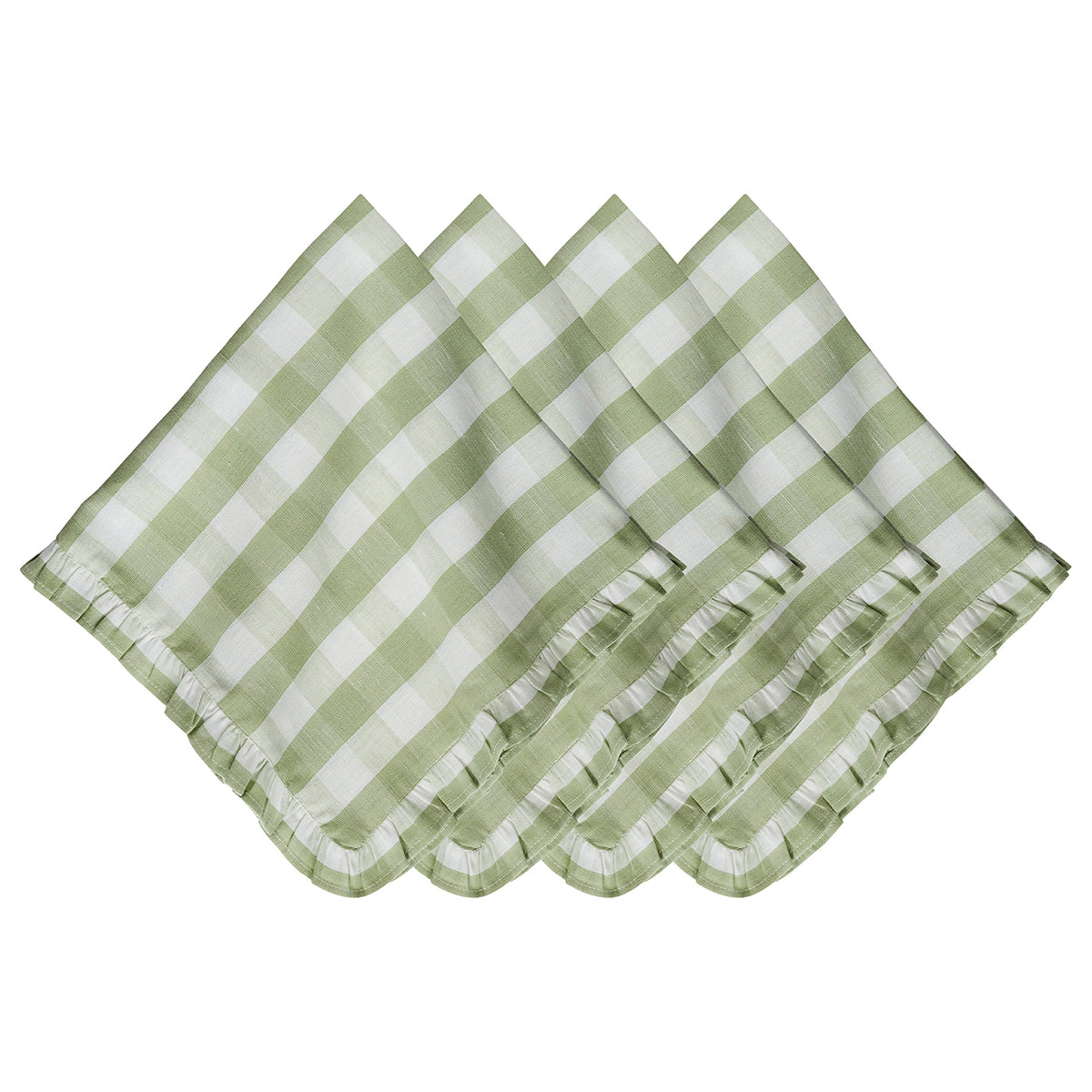 Flat-lay of four seagrass green gingham linen napkins showcasing ruffled edges on a white background