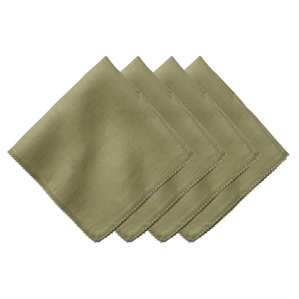 Front view of Juliska Berry Scallop Napkin in Sage, Set of 4 showcasing hand-finished berry scallop trim on white background