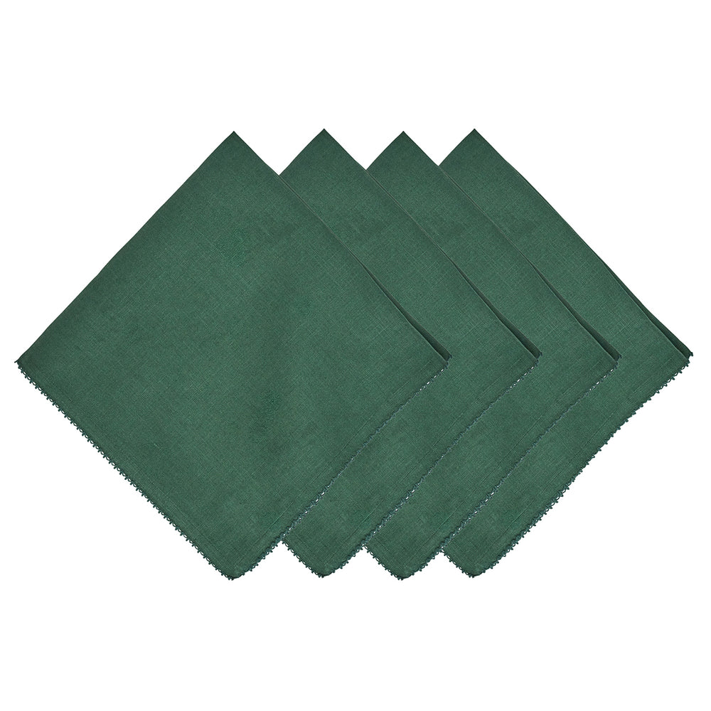 Front view of Berry Scallop Napkin in Evergreen, set of 4 showcasing hand-finished berry scallop trim on a white background