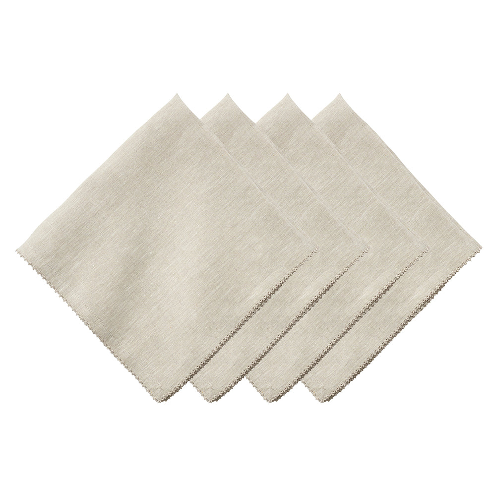 Front view of four natural linen napkins showcasing hand-finished berry scallop trim on a white background