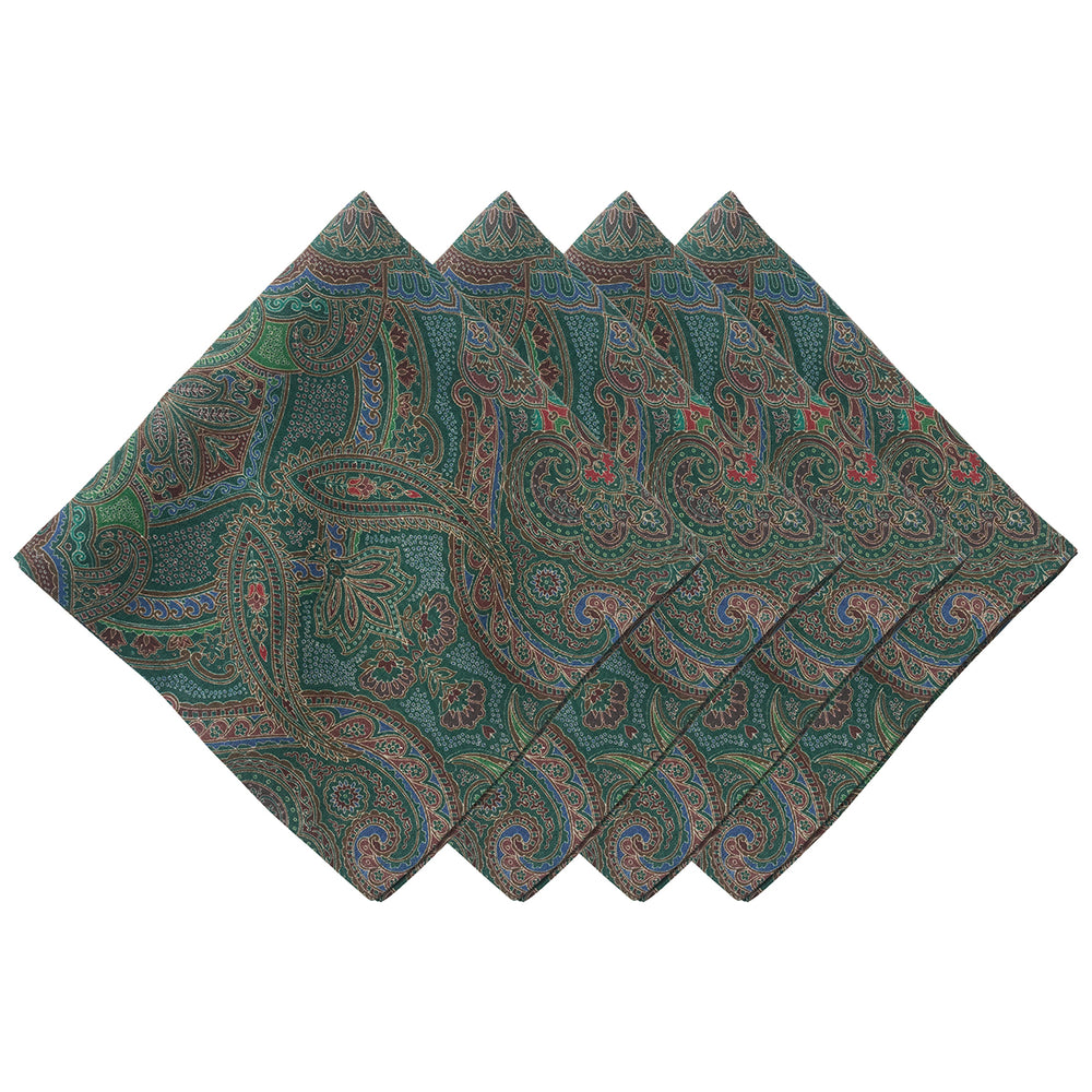 Top view of Paisley Napkin in Evergreen, Set of 4 showcasing green paisley print with blue accents on a white background