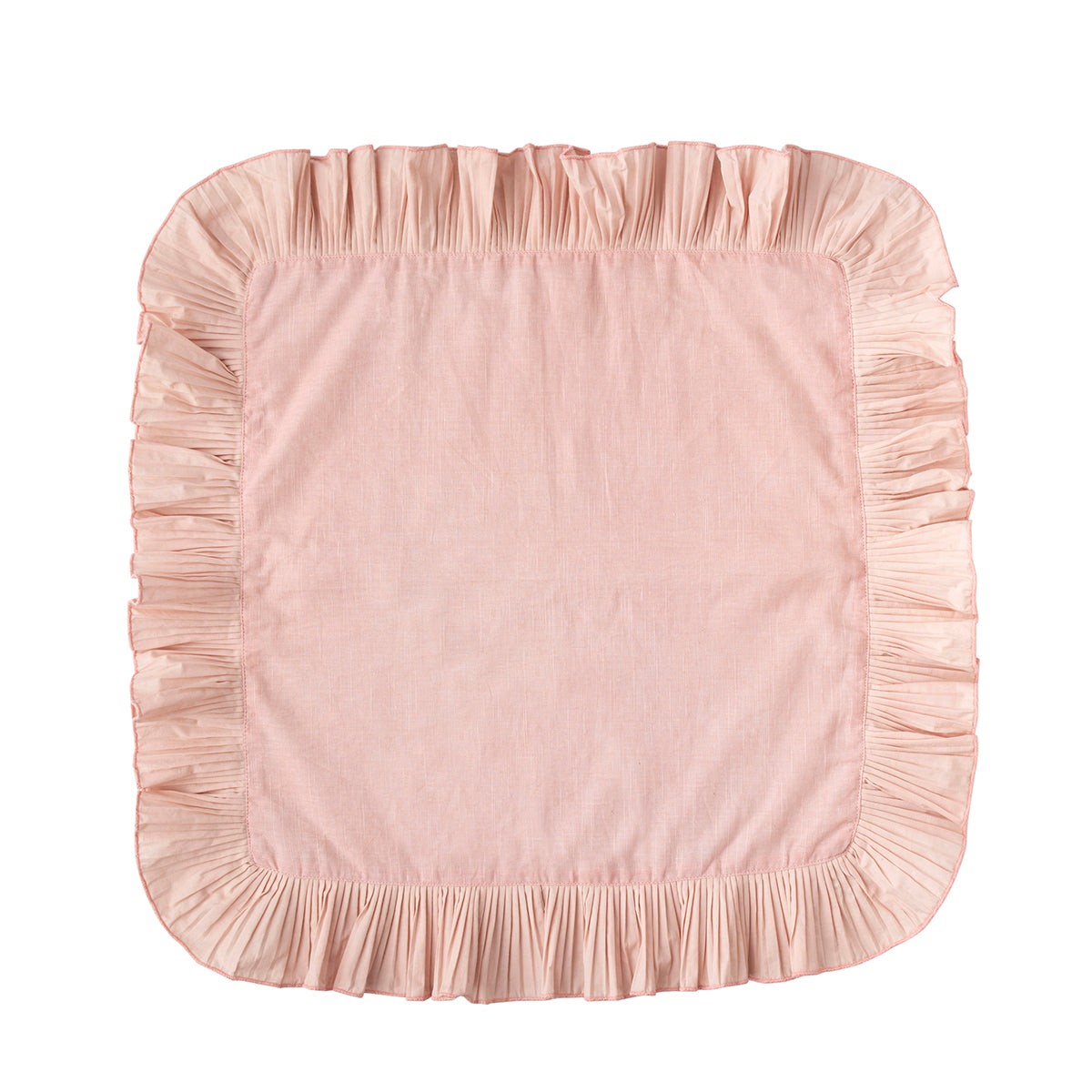 Top view of Mademoiselle napkin in petal pink showcasing knife-pleated ruffle border on white background