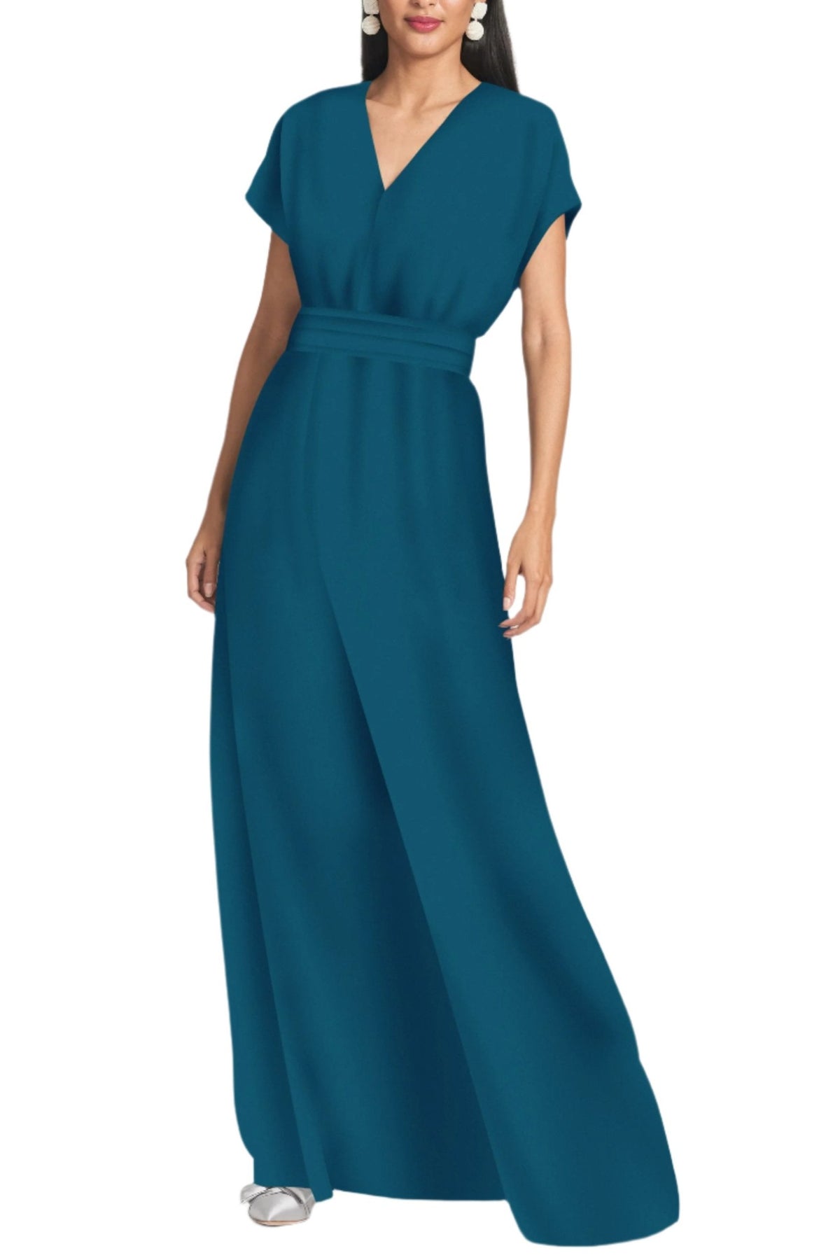 Front view of Leah Gown in Bottle Green with V neck, flutter sleeves, and maxi length on a model