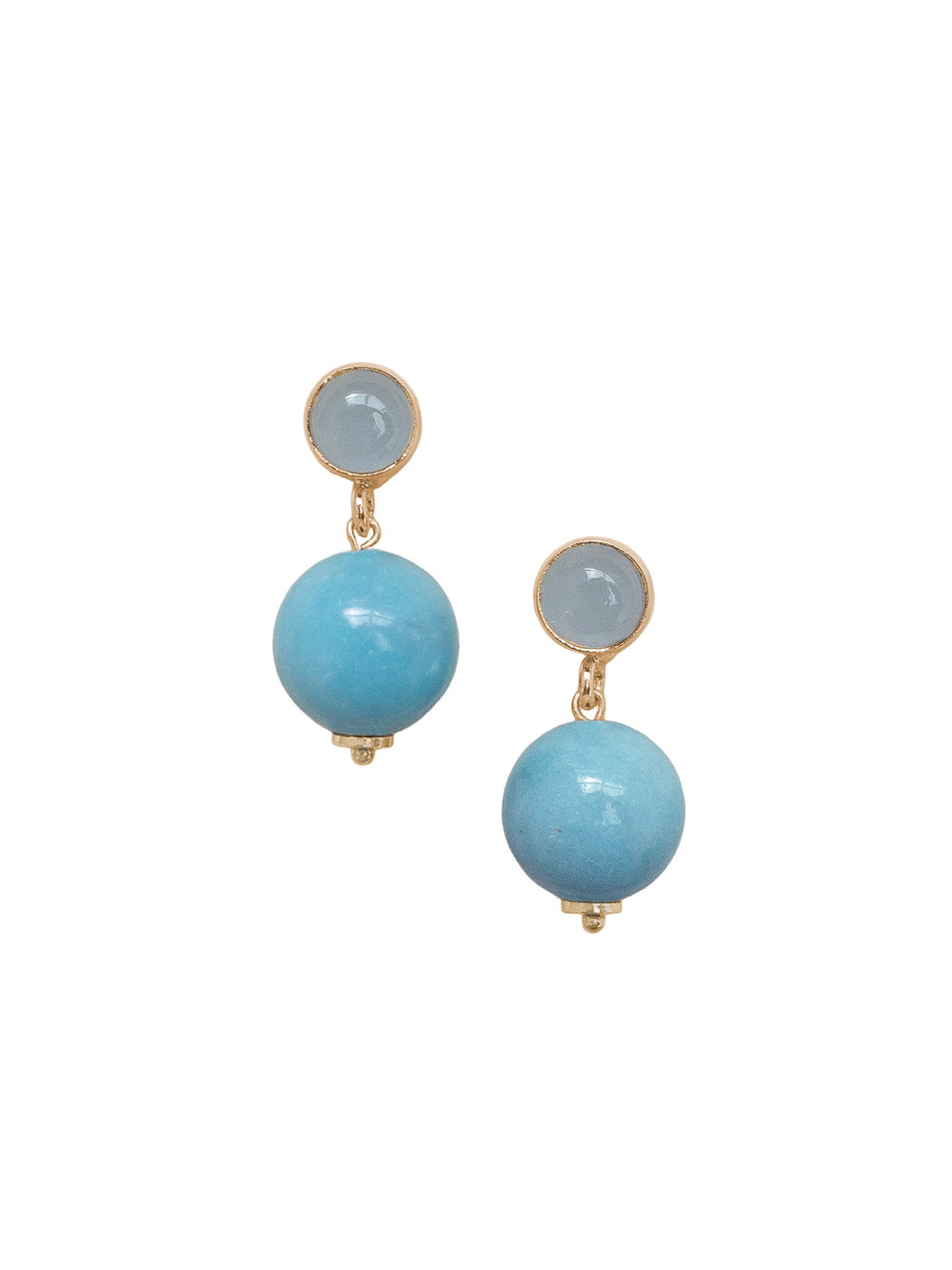 Front view of Lena earrings showcasing round blue larimar beads and pale chalcedony studs in gold-plated settings on a black background