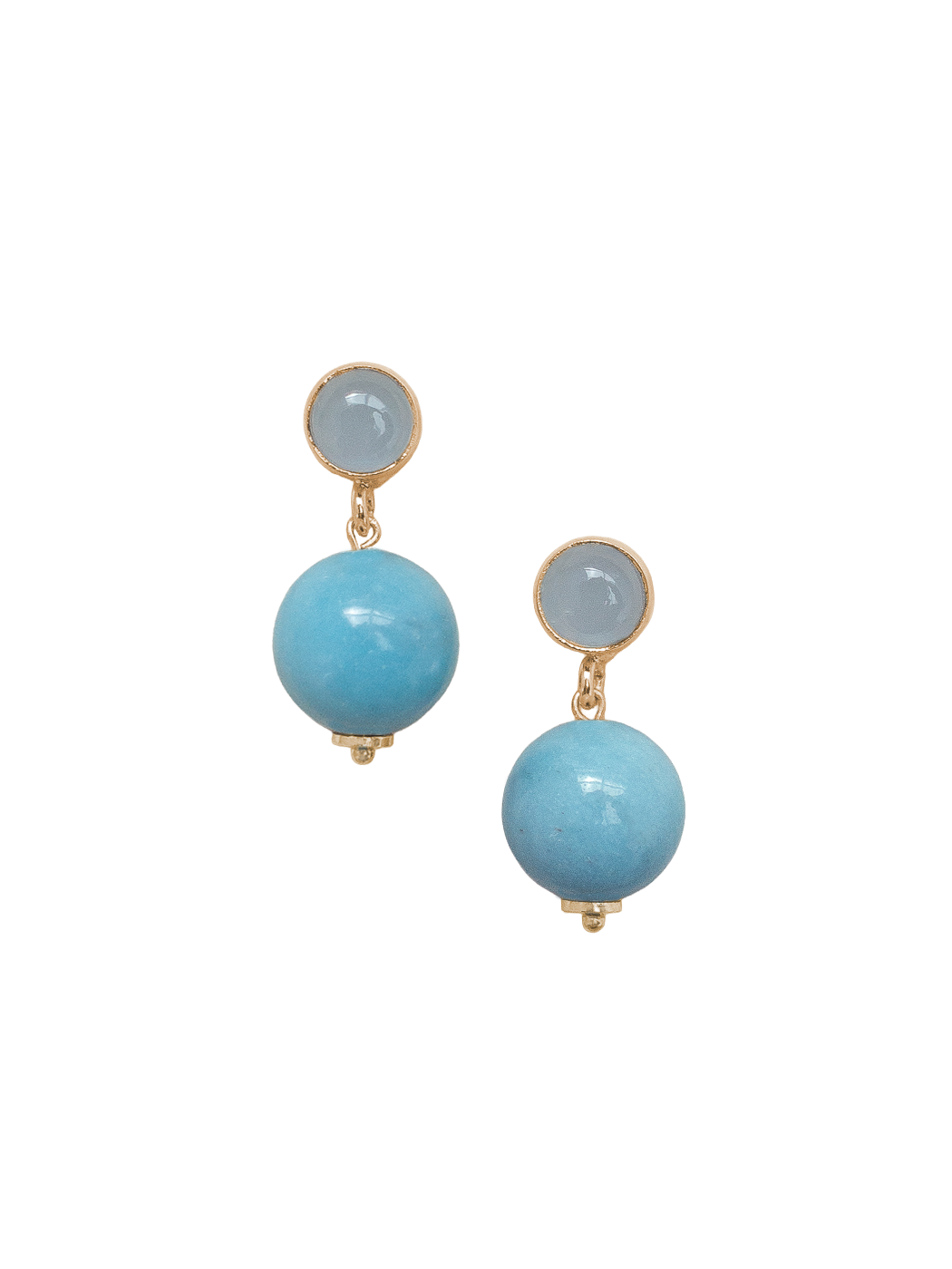 Front view of Lena earrings showcasing round blue larimar beads and pale chalcedony studs in gold-plated settings on a black background