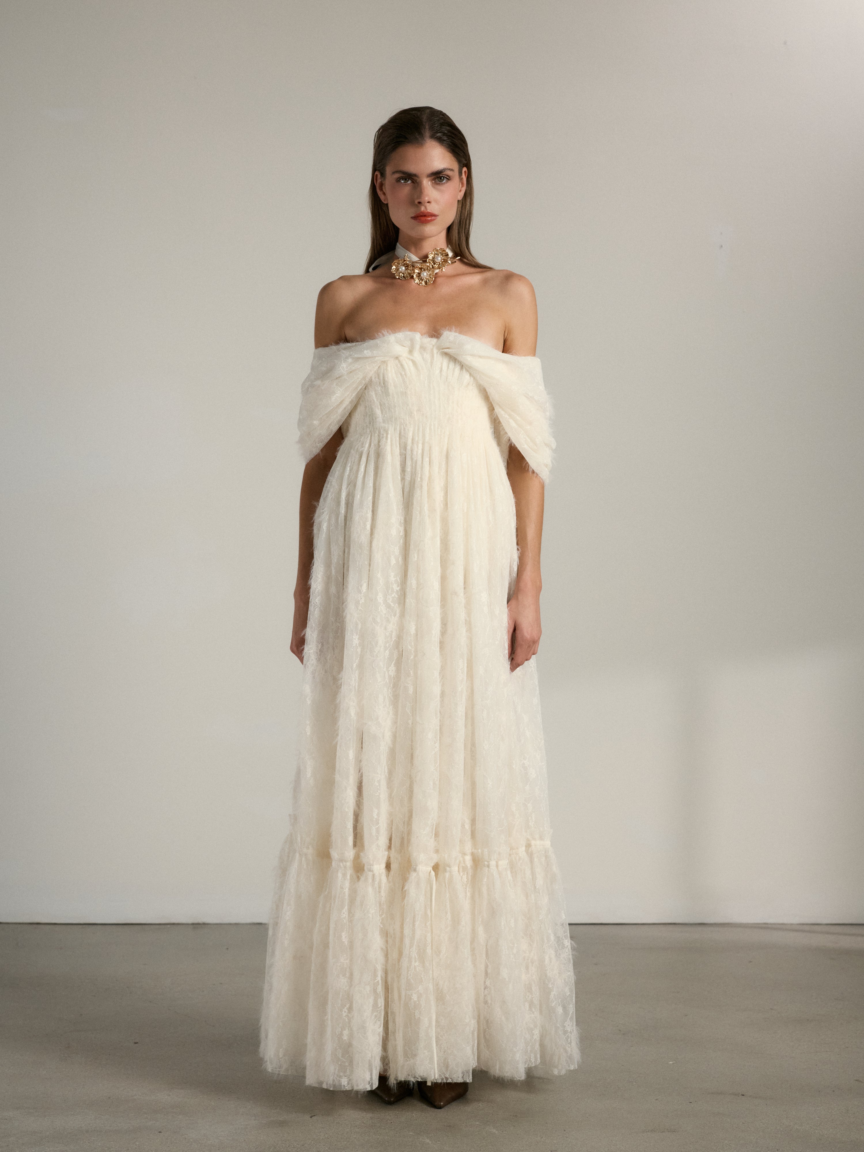 The Leon Gown in Eggshell Fuzzy Lace