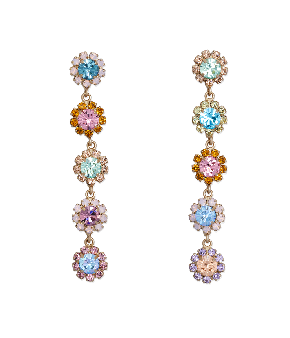 Front view of Alora Drop Earrings showcasing five linked multicolor crystal flower clusters with 18K gold finish on white background