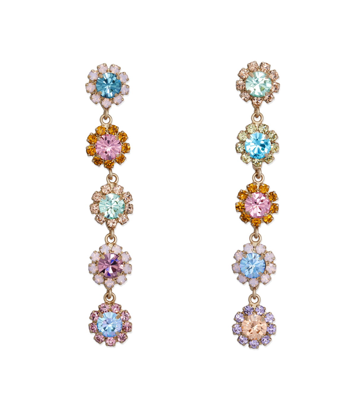 Front view of Alora Drop Earrings showcasing five linked multicolor crystal flower clusters with 18K gold finish on white background