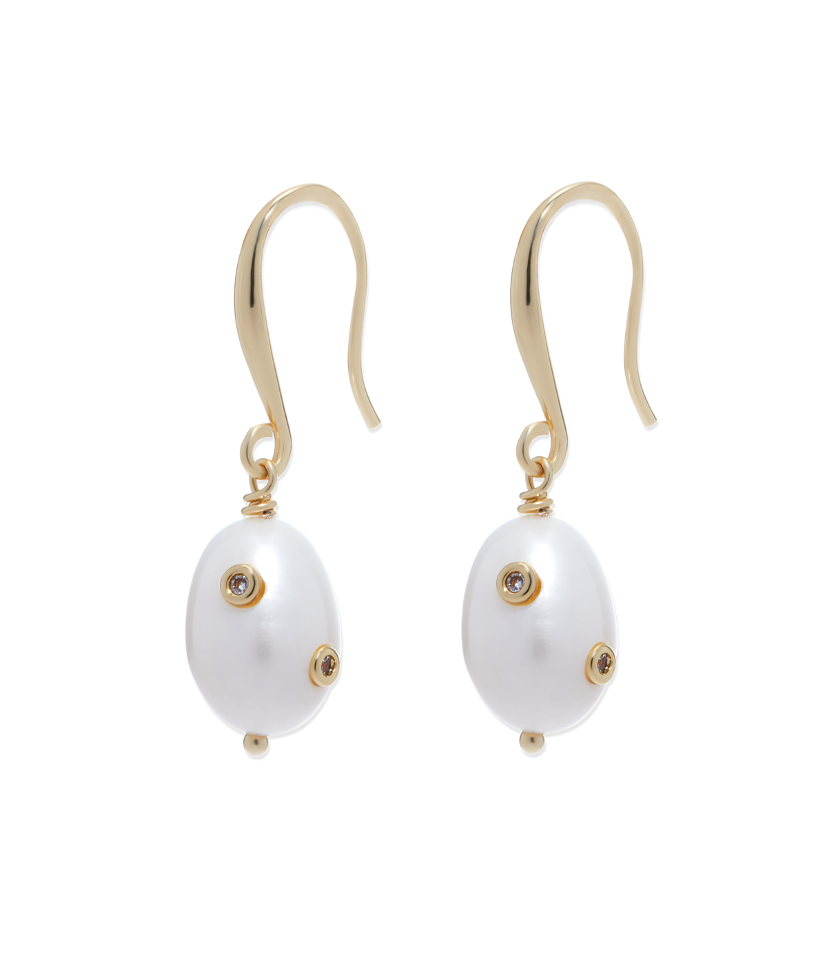 Front view of Geneva Pearl Drop Earrings showcasing fresh water pearls, CZ stones, and gold fish hook wires on black