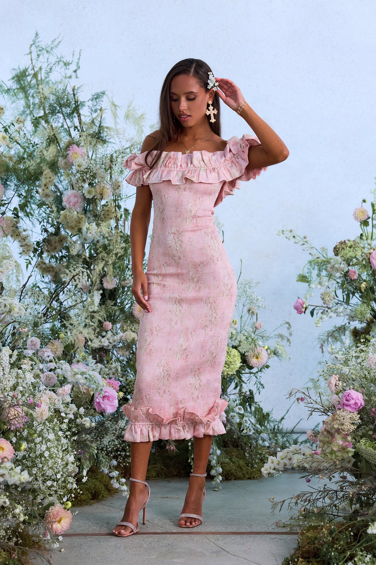 Front view of The Lilac Dress in Light Pink Tapestry Rose with off-shoulder ruffles and fitted silhouette