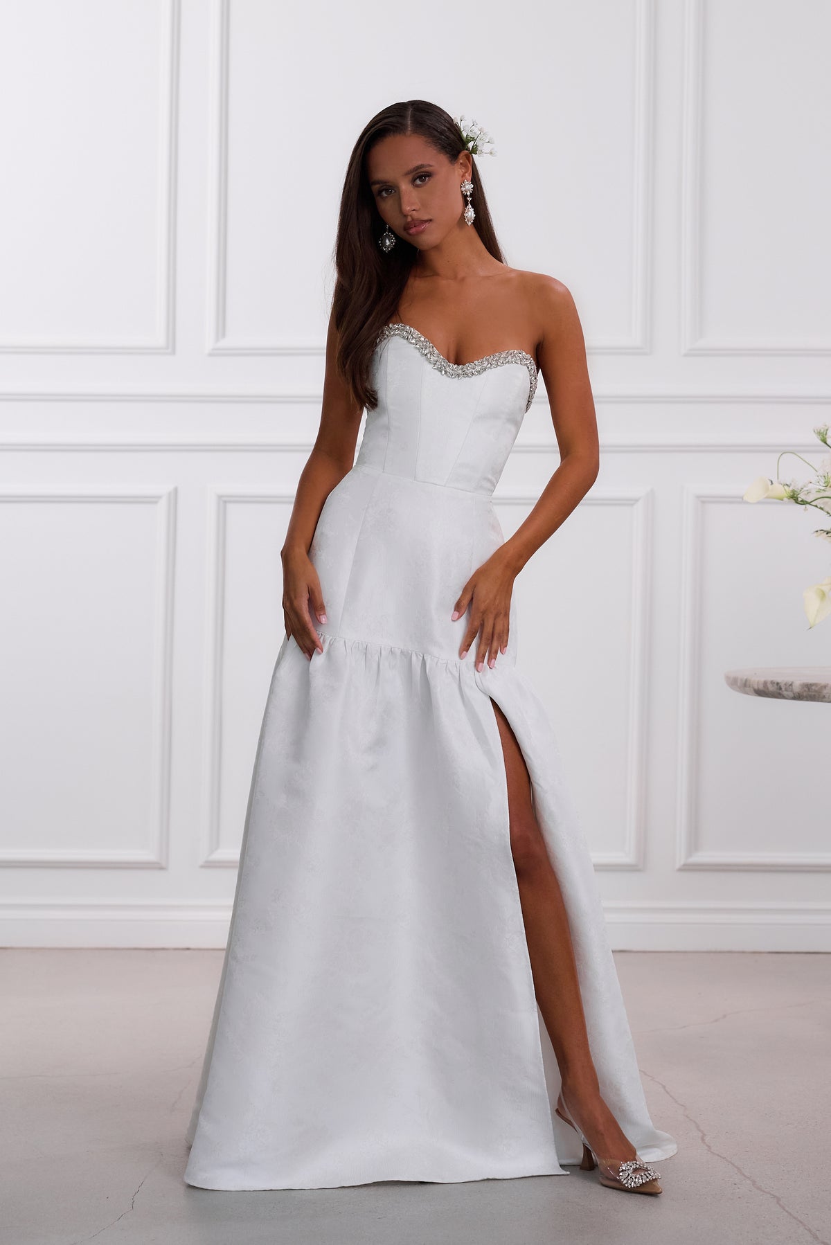 The Linda Dress in White Windsor Brocade