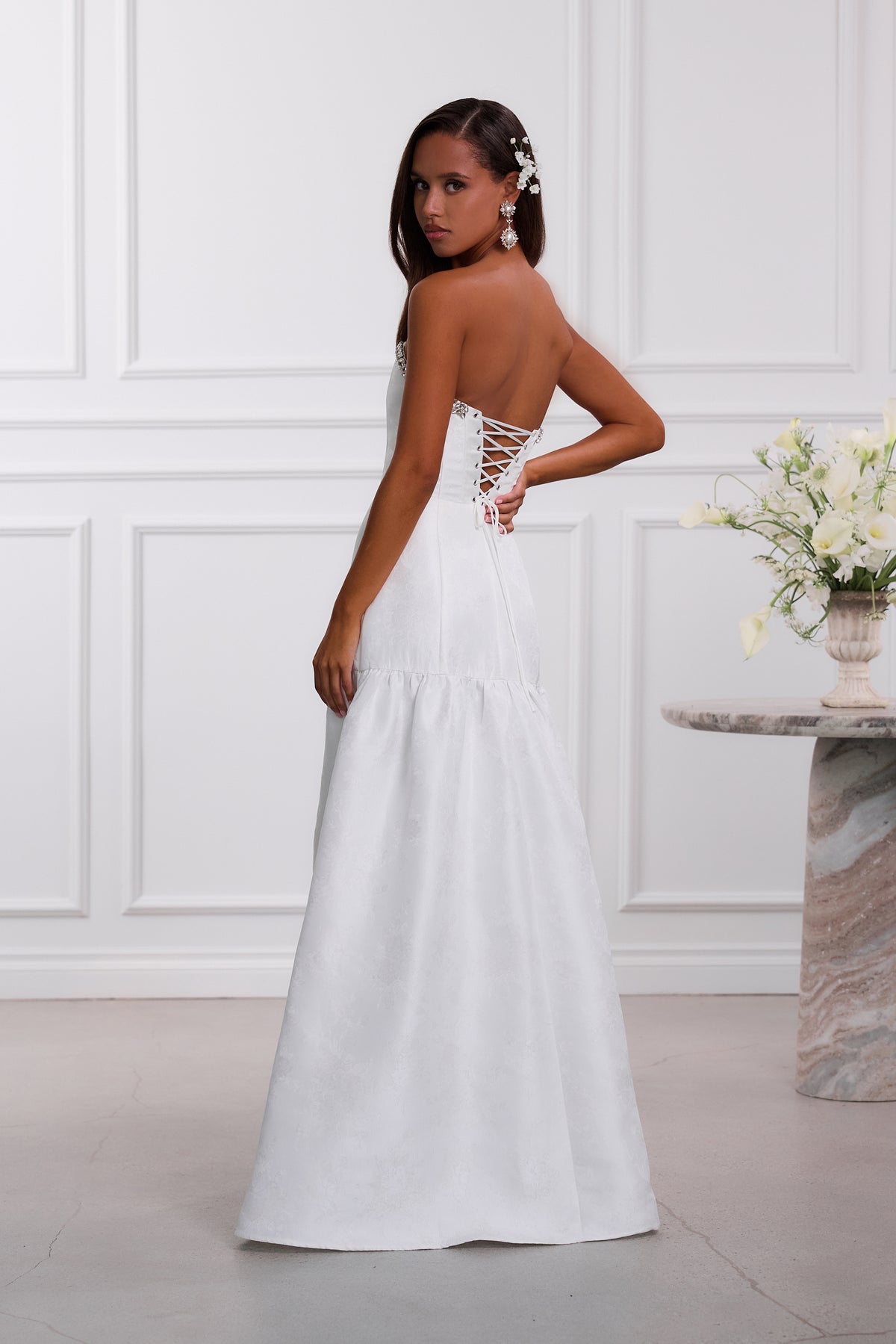 The Linda Dress in White Windsor Brocade