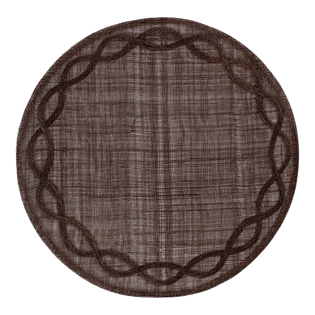 Top view of Tuileries Garden Placemat in Walnut showcasing hand-woven abaca and embroidered edge on a white background