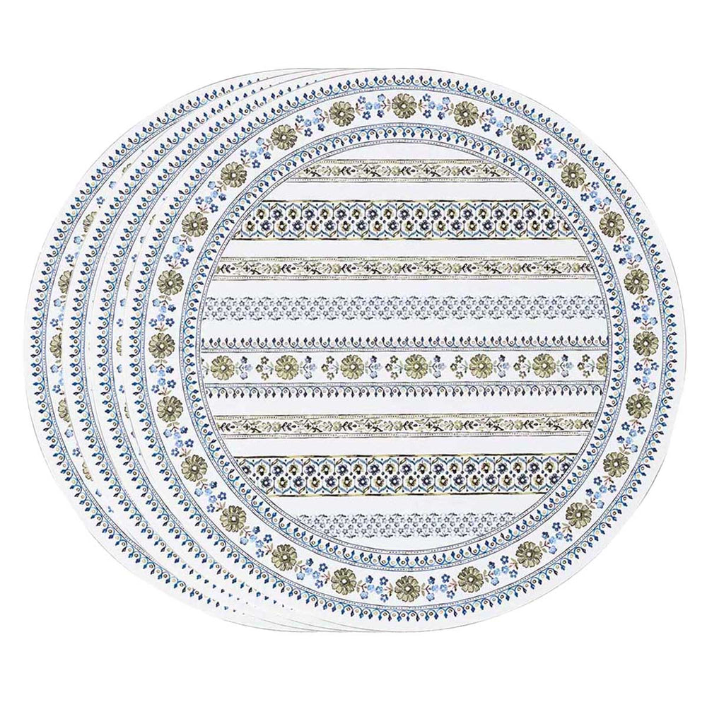 Top view of Seville round placemats, set of 4, showcasing green and blue floral stripe pattern on white background