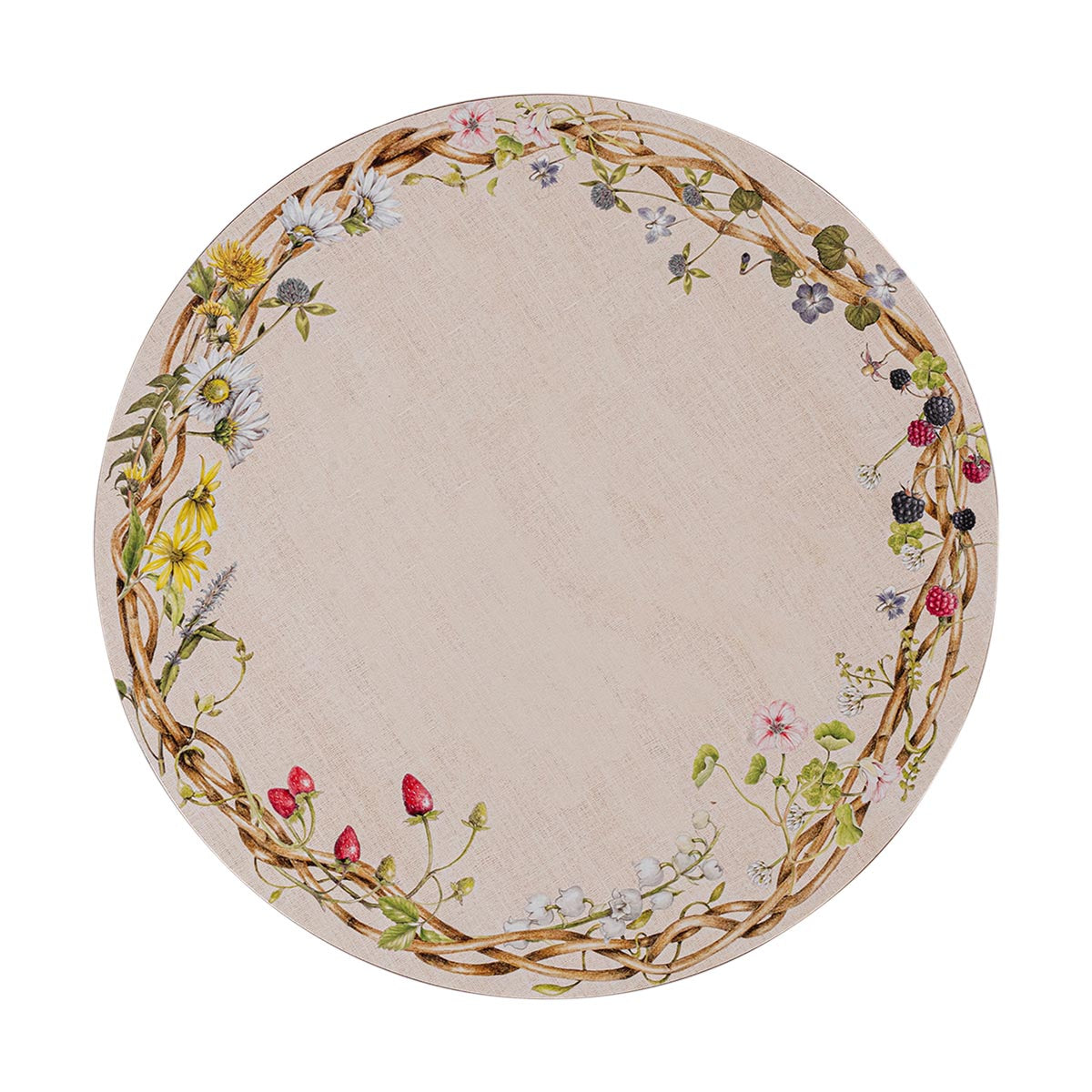 Top view of Meadow Walk Placemat in Multi, Set of 4 showcasing a cream-colored center with wildflowers, berries, and brambles on white