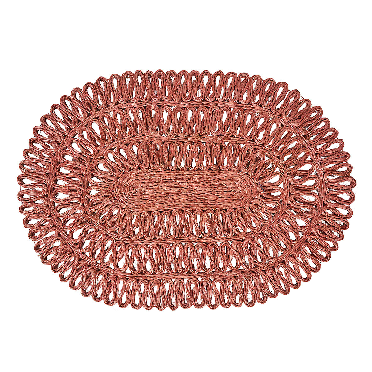 Top view of Straw Loop Oval Placemat in Coral showcasing handwoven looped straw texture with a white background