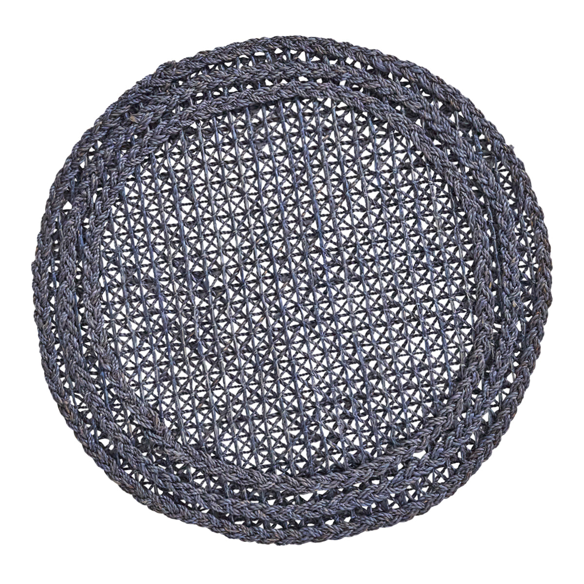 Front view of Le Panier Placemat in Navy showcasing handwoven abaca fibers and open weave with a white background