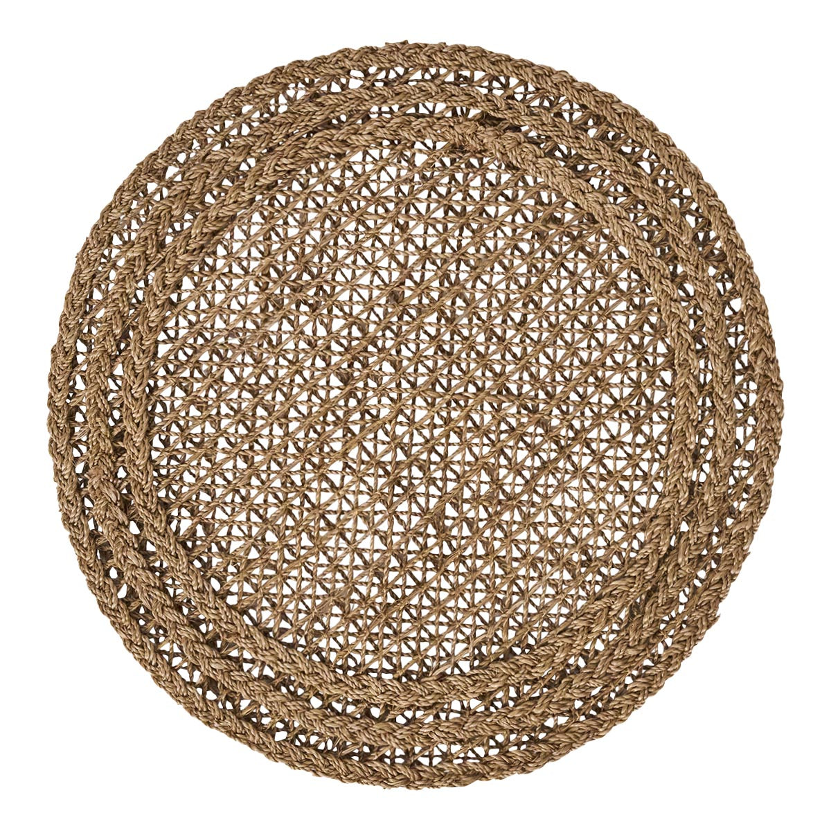 Top view of Le Panier Placemat in Taupe showcasing handwoven abaca fibers and braided border on a white background
