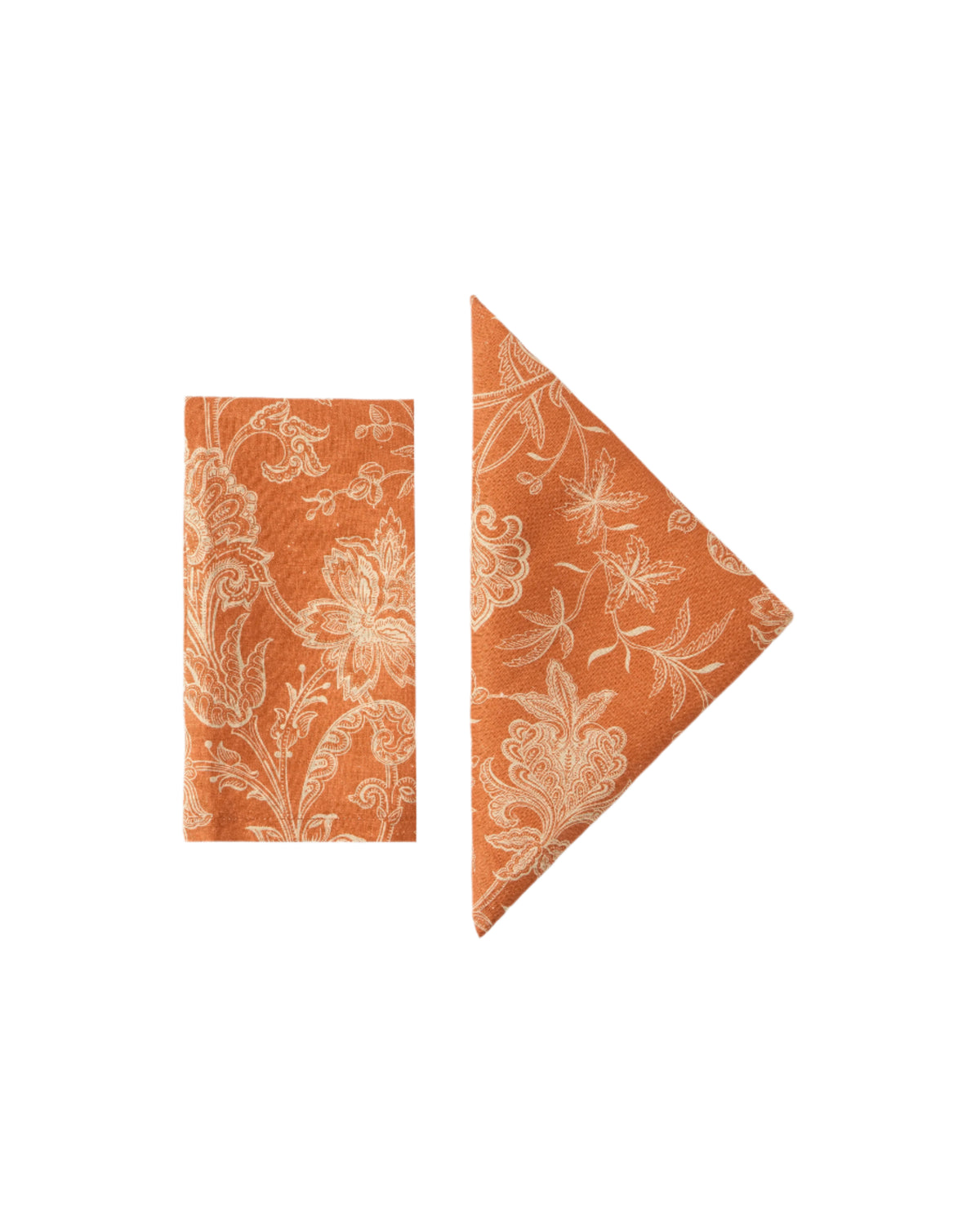 Top view of DESTREE x Cabana orange linen napkins showing white floral print and two folded styles on white background