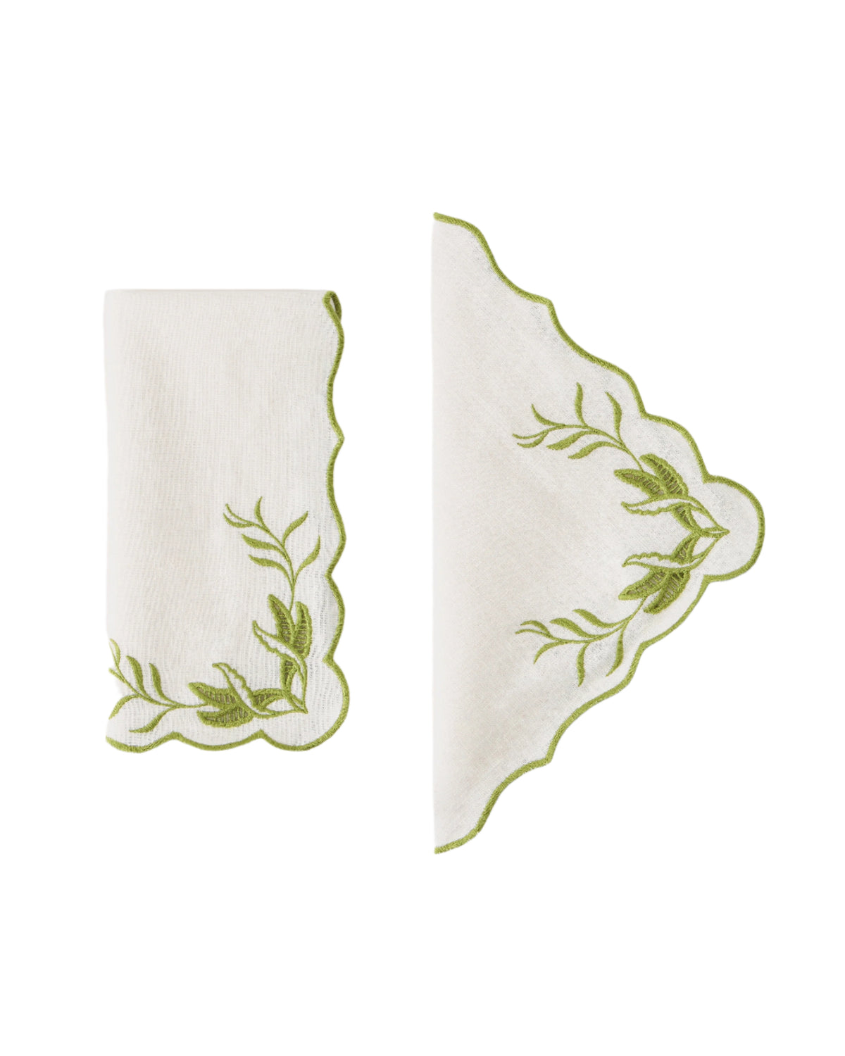 Front and folded views of DESTREE x Cabana Embroidered Napkin showcasing green scalloped border and floral embroidery with white background