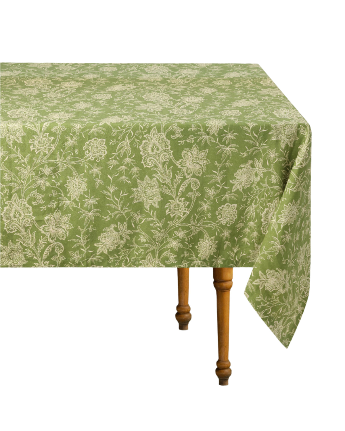 Front view of DESTREE x Cabana tablecloth showcasing soft orange floral motif draped over a wooden table