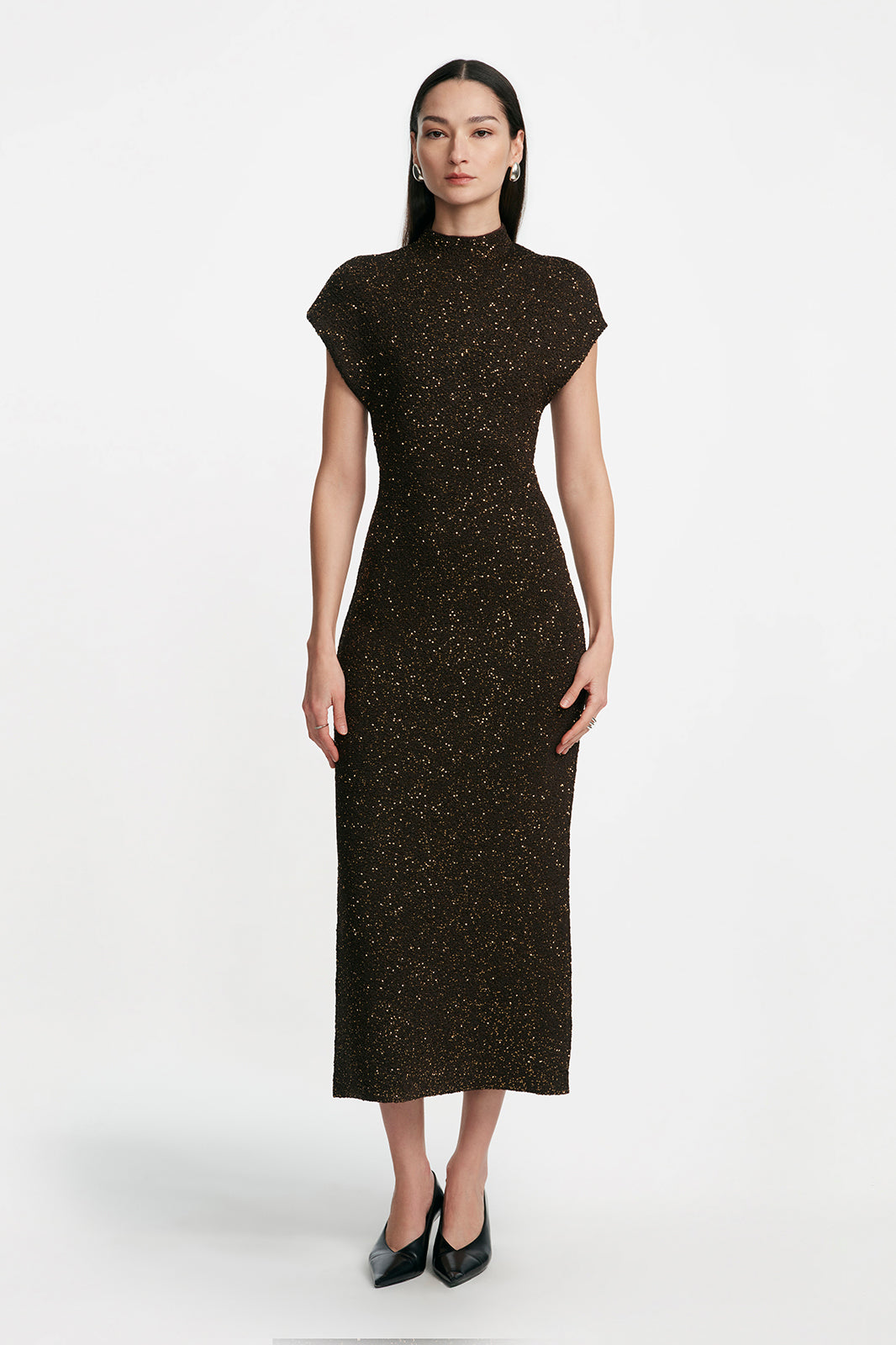 Sequin Knit Mock Neck Dress in Chocolate