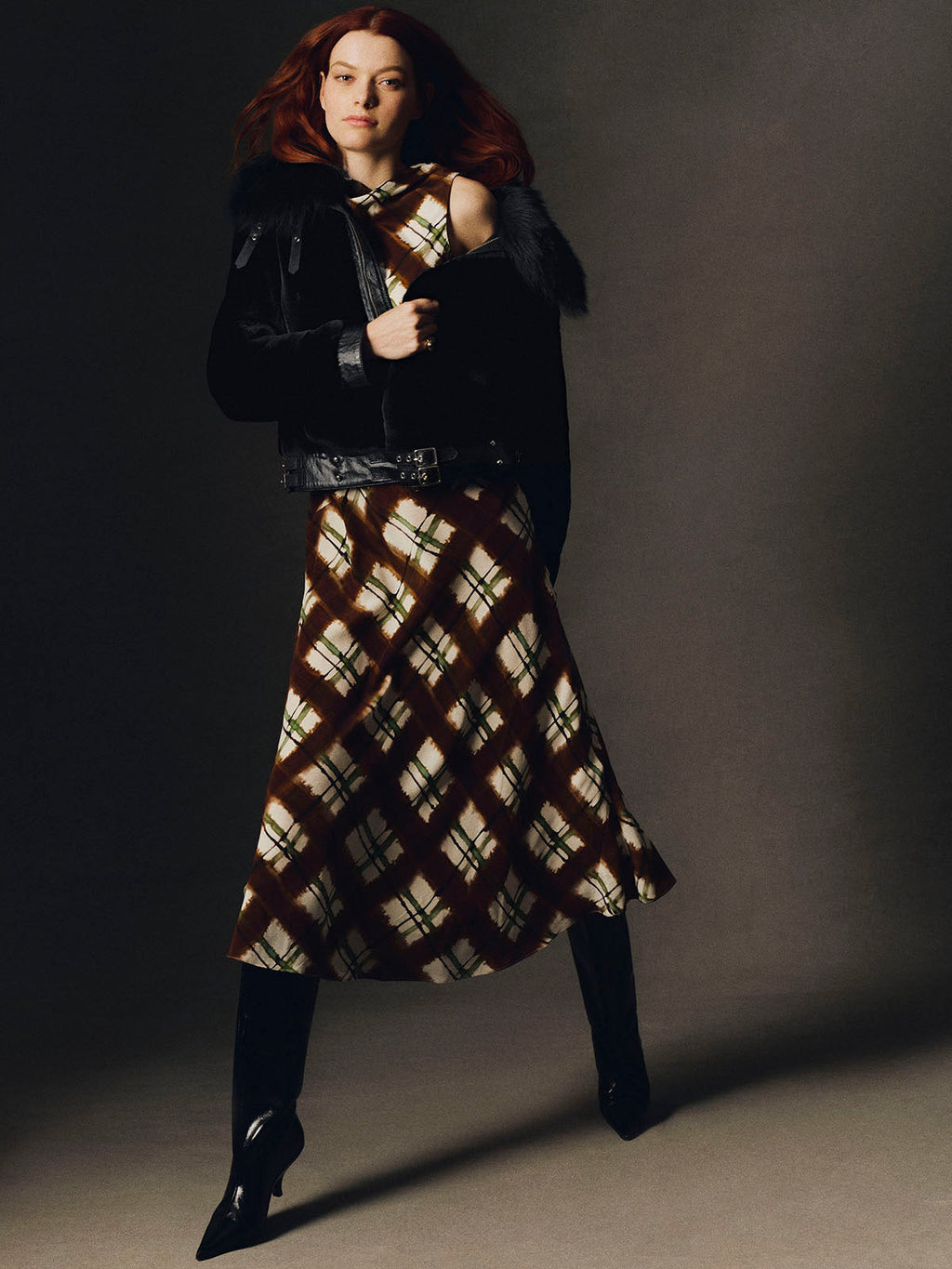 Crystal Midi Dress in Painted Plaid Brown