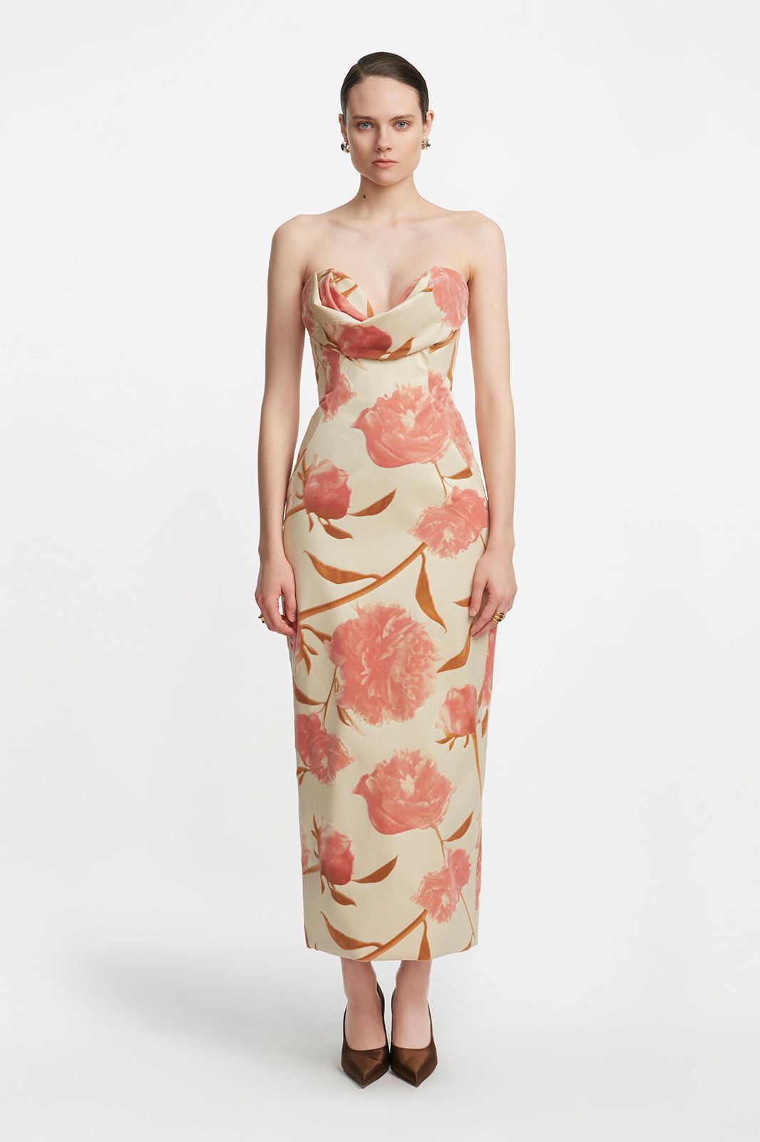 Floral Velvet Draped Bust Sheath in Pink Multi