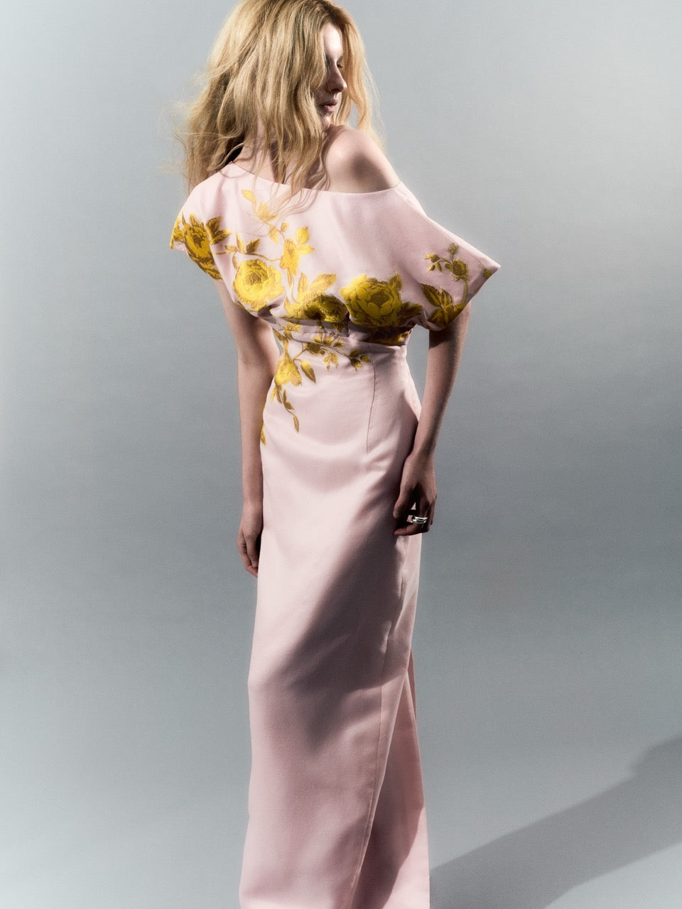 Rose Fil Coupe Column Gown in Peony/Sunflower