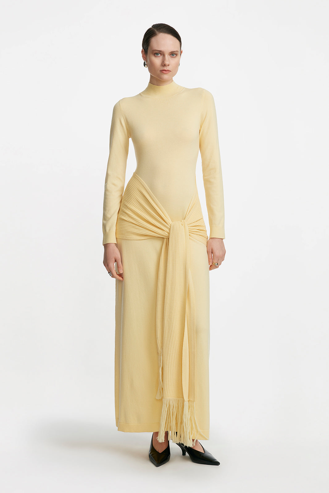 Merino Wool Knit Mock Neck Wrap Dress in Sunlight