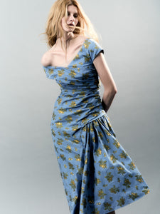 Metallic Floral Jacquard Asymmetrical Flounce Dress in Bluebell