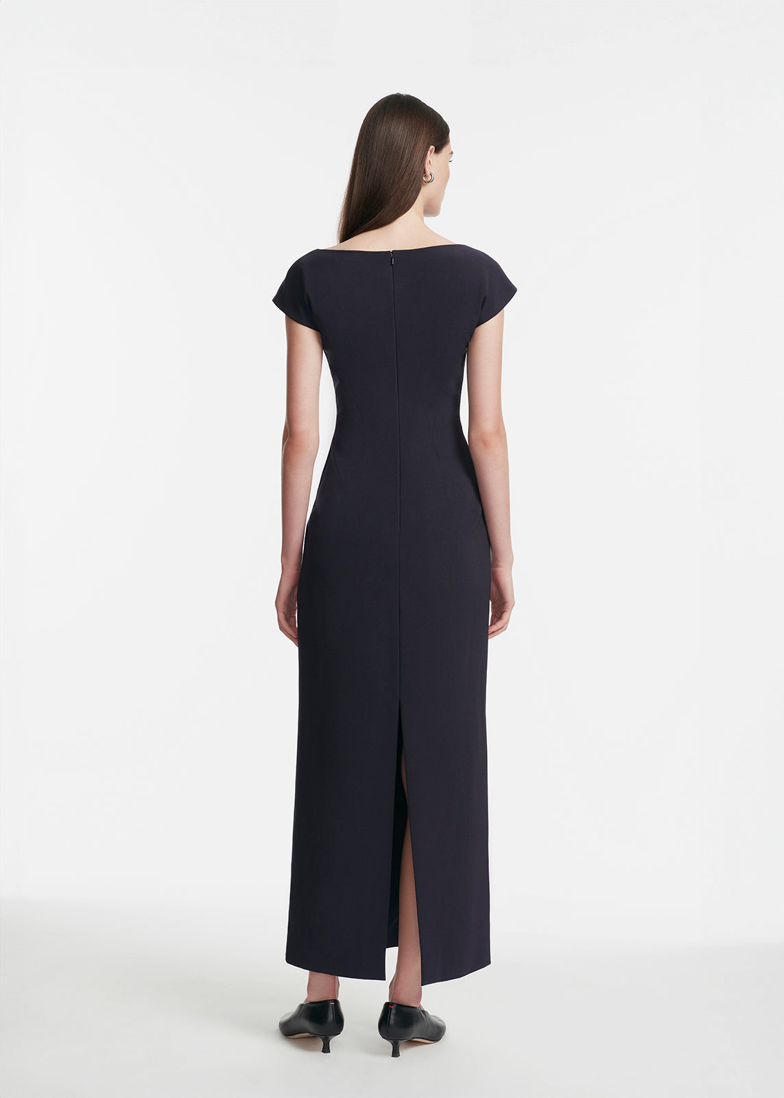 Ikat Floral Embroidered Fluid Crepe Dress in Navy & Blue