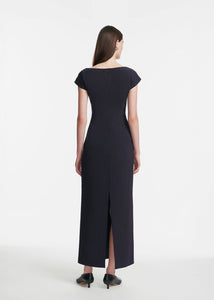 Ikat Floral Embroidered Fluid Crepe Dress in Navy & Blue