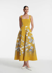 Floral Faille Square Neck Full Dress in Ochre Multi