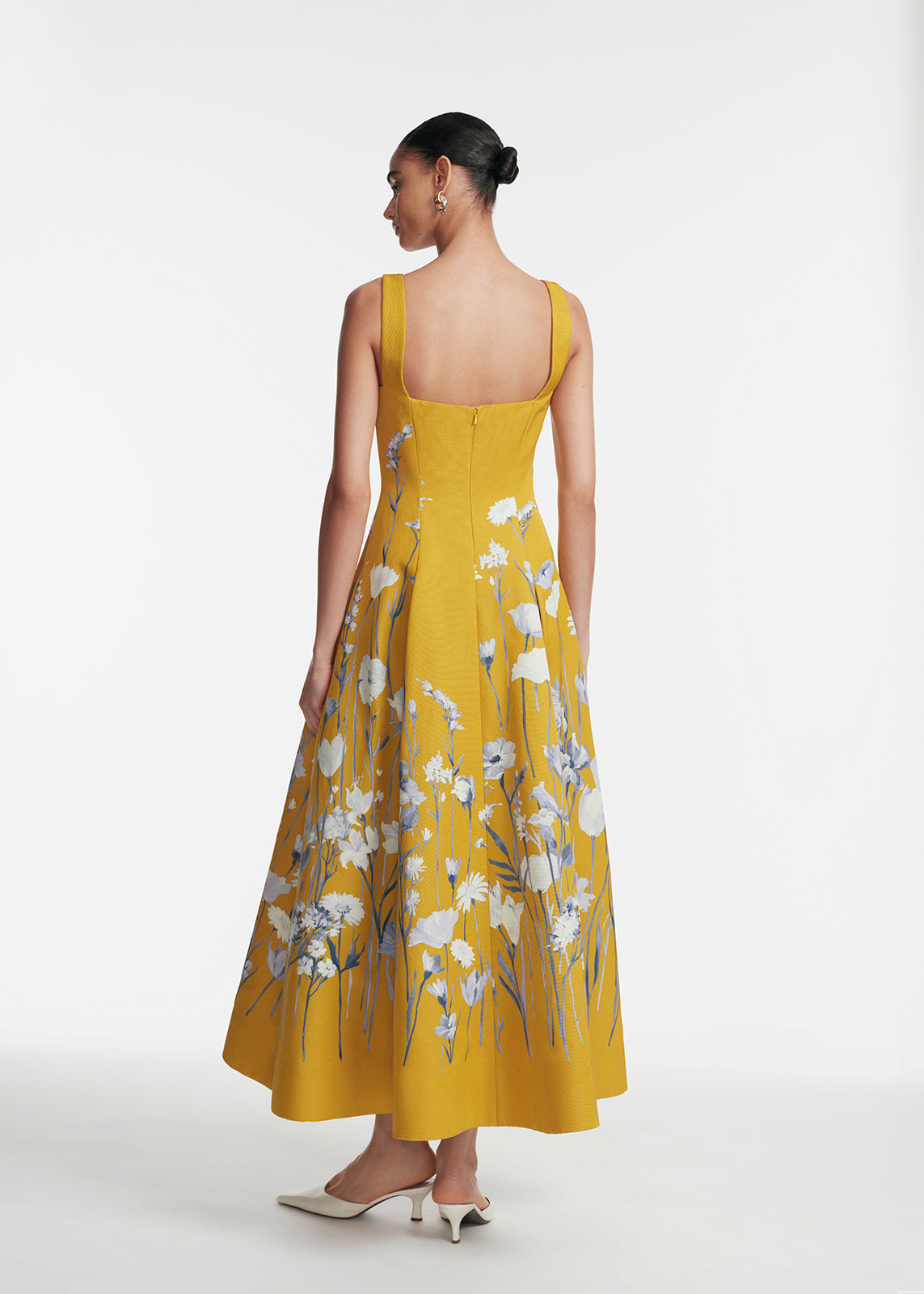 Floral Faille Square Neck Full Dress in Ochre Multi