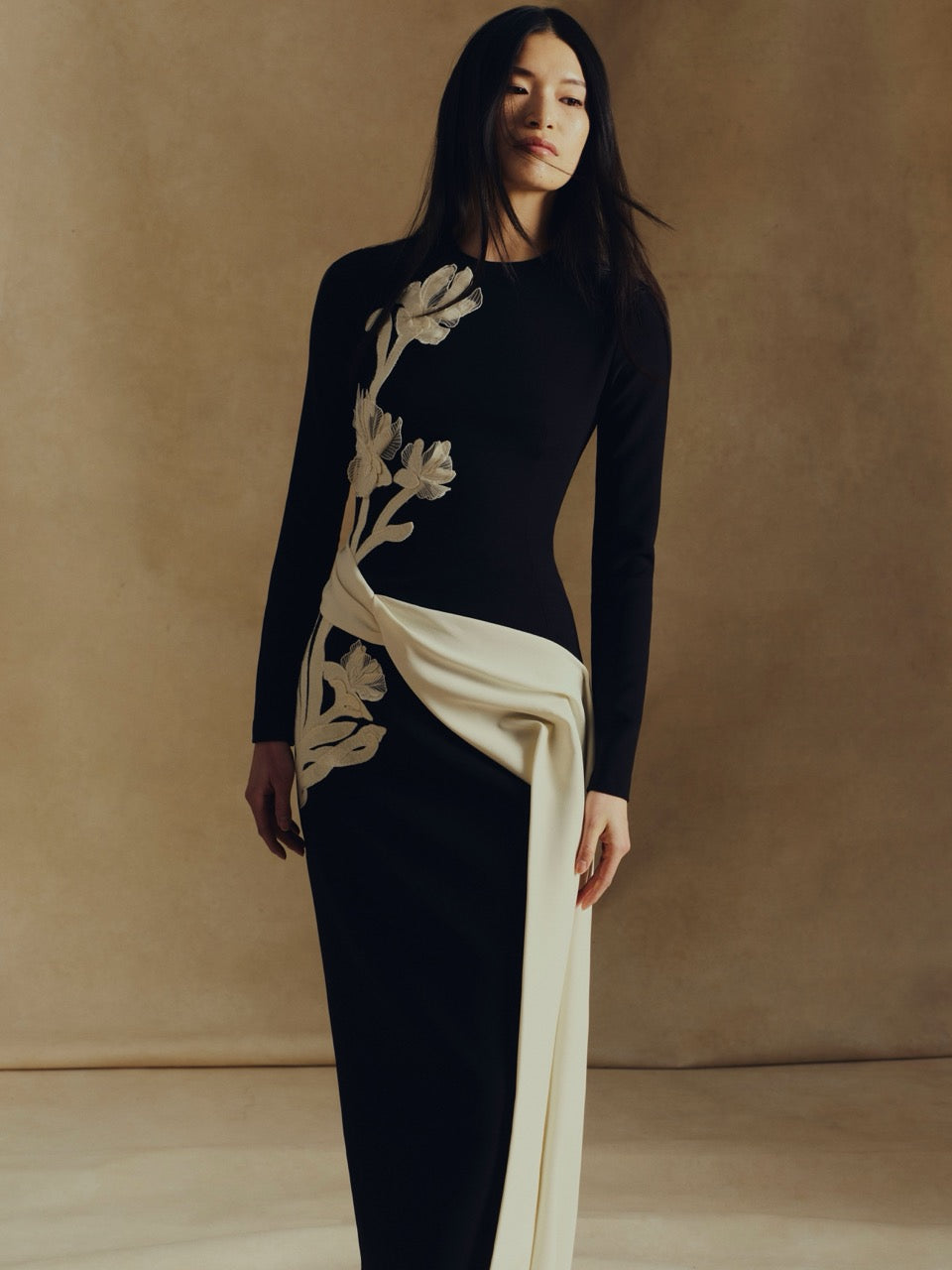 Floral Organza Embroidered Crepe Dress in Black/Cream