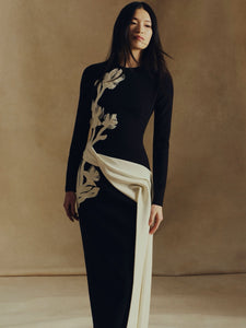 Floral Organza Embroidered Crepe Dress in Black/Cream