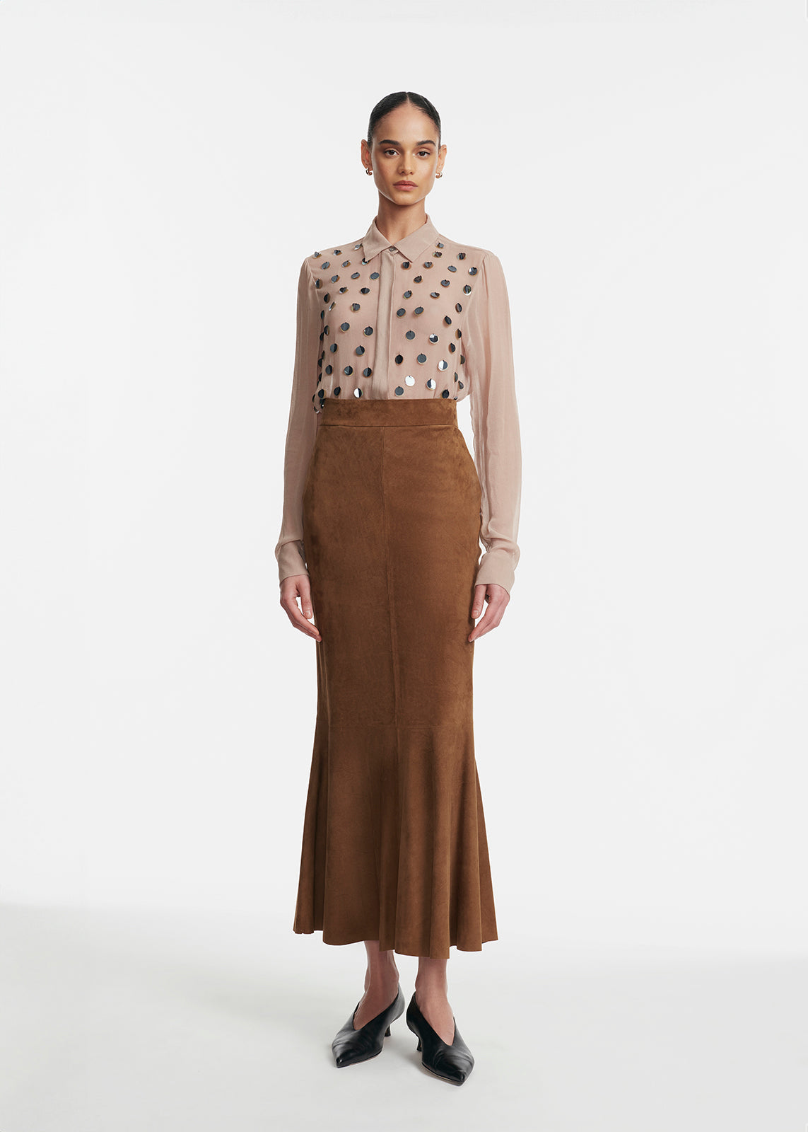 Paillette Embroidered Georgette Shirt in Taupe