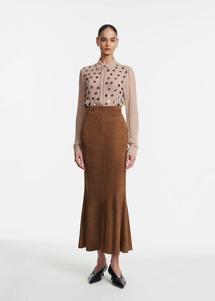 Paillette Embroidered Georgette Shirt in Taupe