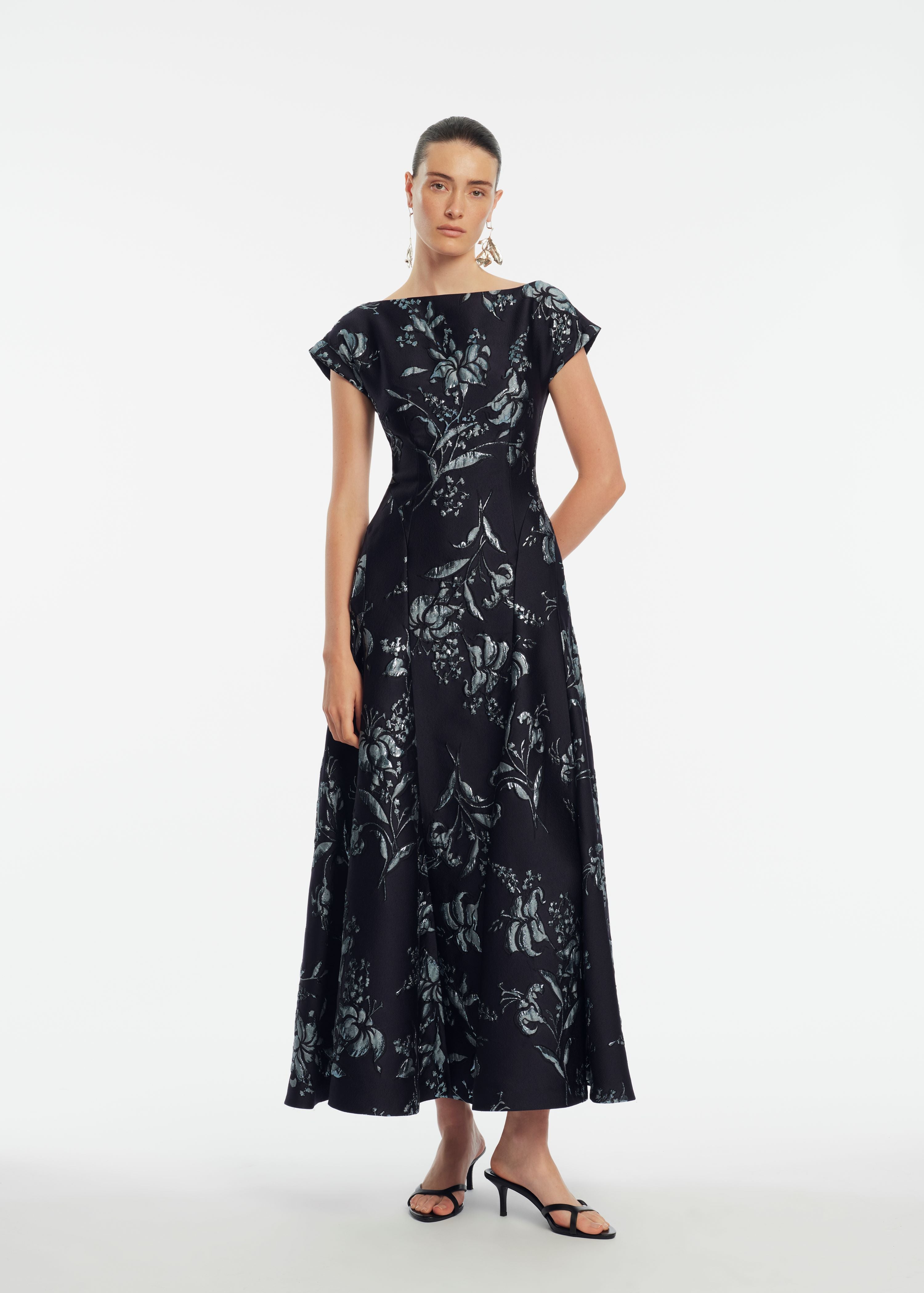 Metallic Floral Jacquard Seam Detail Dress in Navy