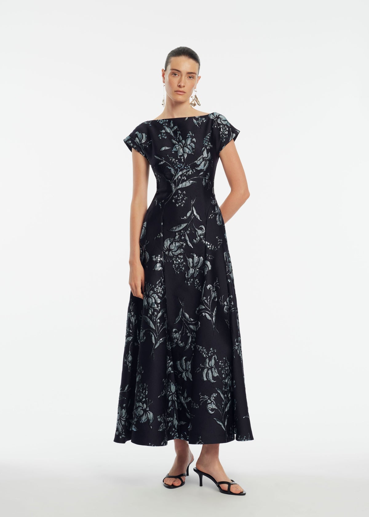 Metallic Floral Jacquard Seam Detail Dress in Navy