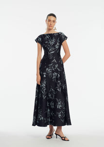 Metallic Floral Jacquard Seam Detail Dress in Navy