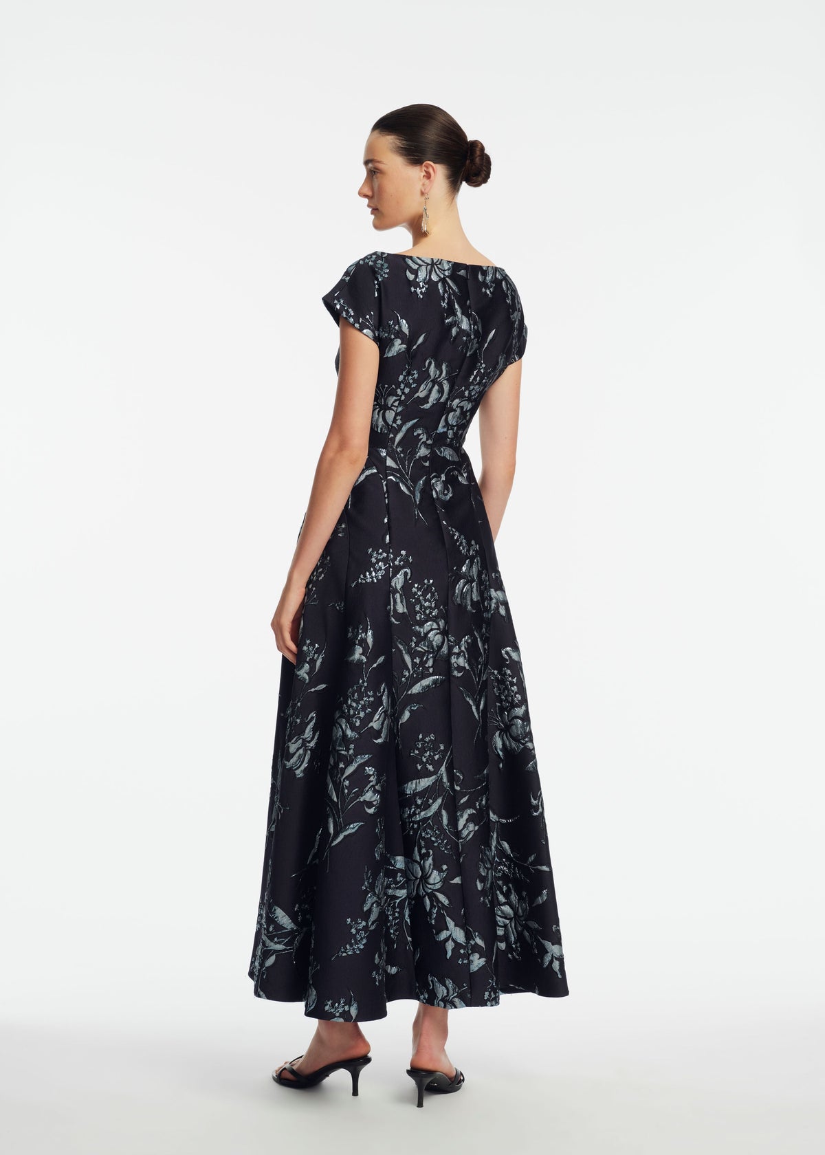 Metallic Floral Jacquard Seam Detail Dress in Navy