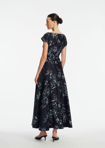 Metallic Floral Jacquard Seam Detail Dress in Navy