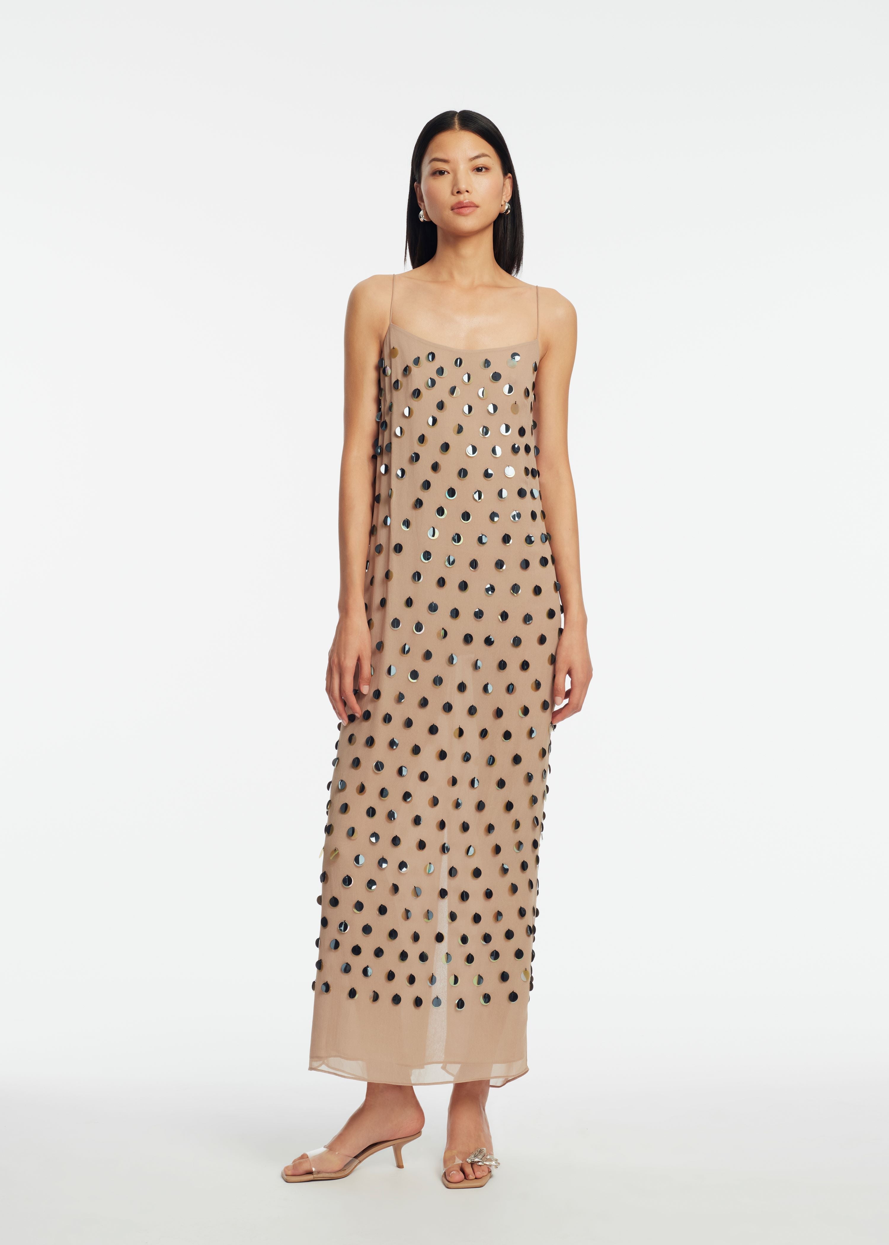 Paillette Embroidered Georgette Slip Dress in Taupe