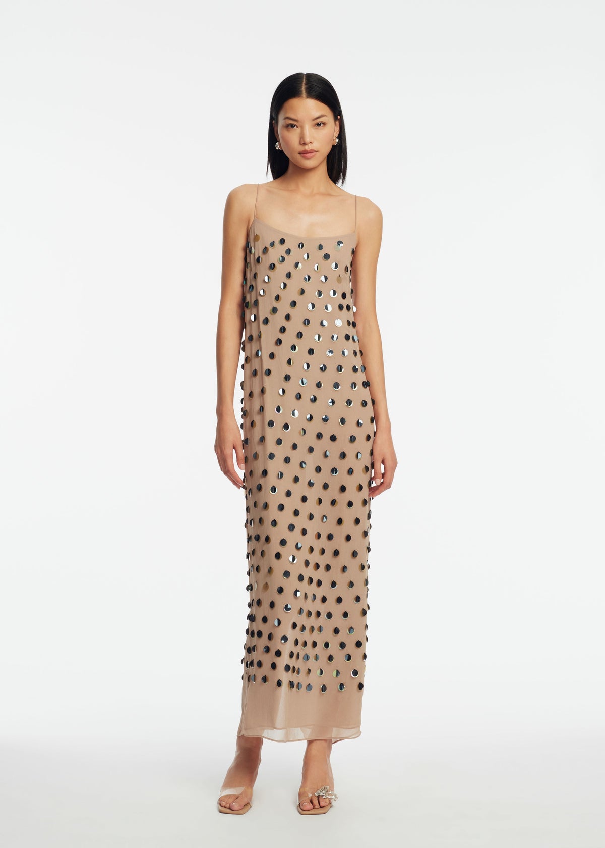 Paillette Embroidered Georgette Slip Dress in Taupe