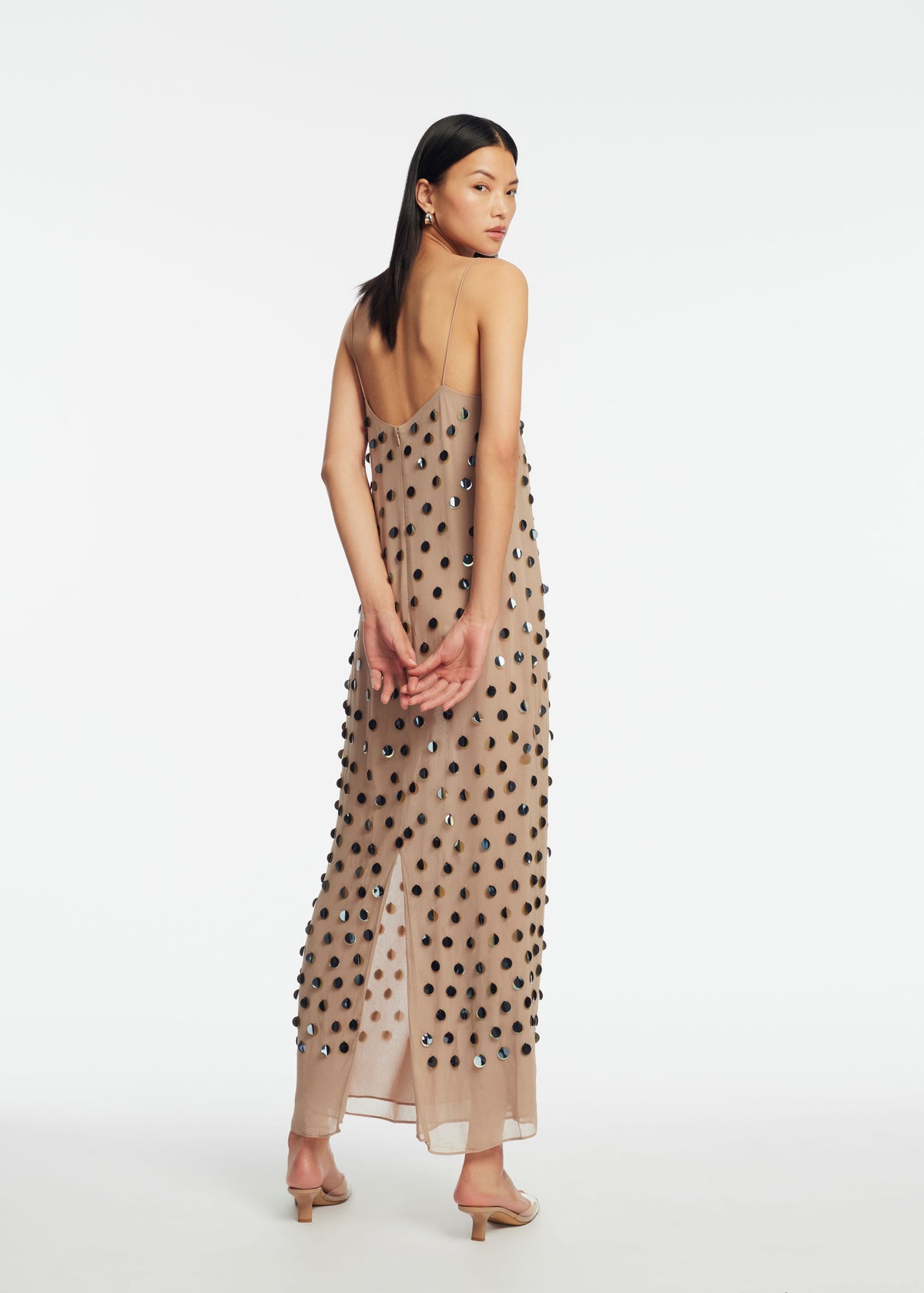 Paillette Embroidered Georgette Slip Dress in Taupe