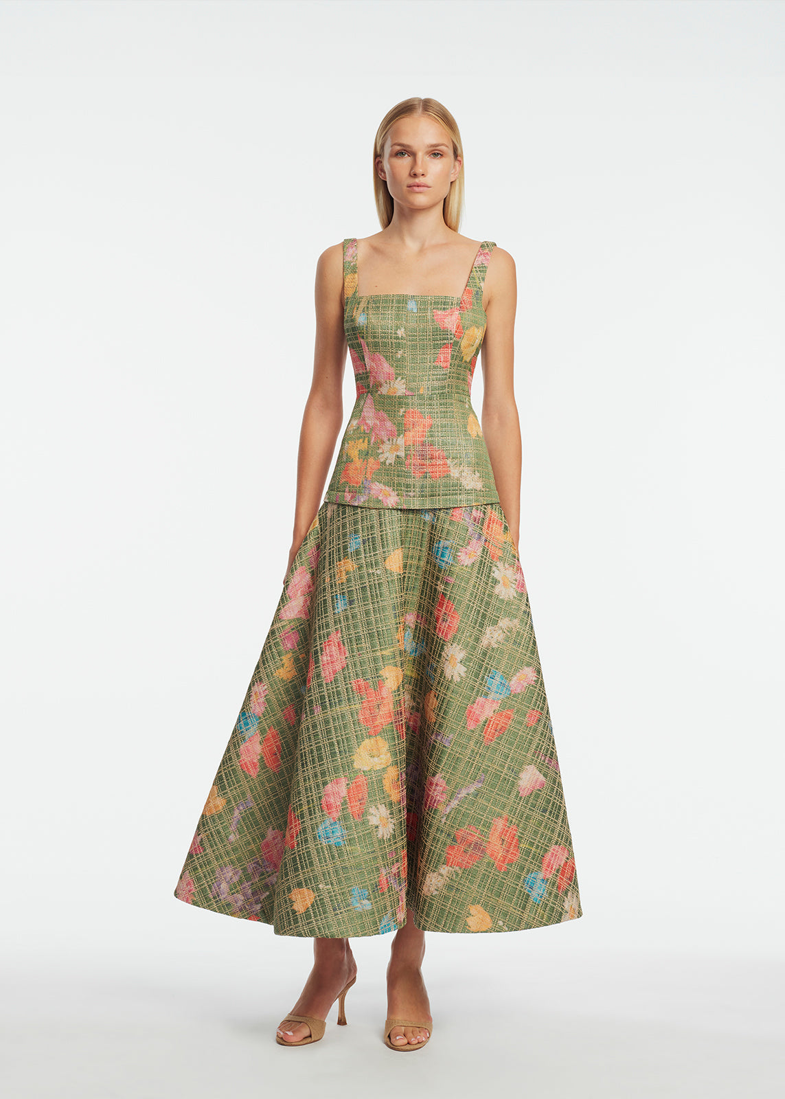Floral Raffia Square Neck Dress in Cactus